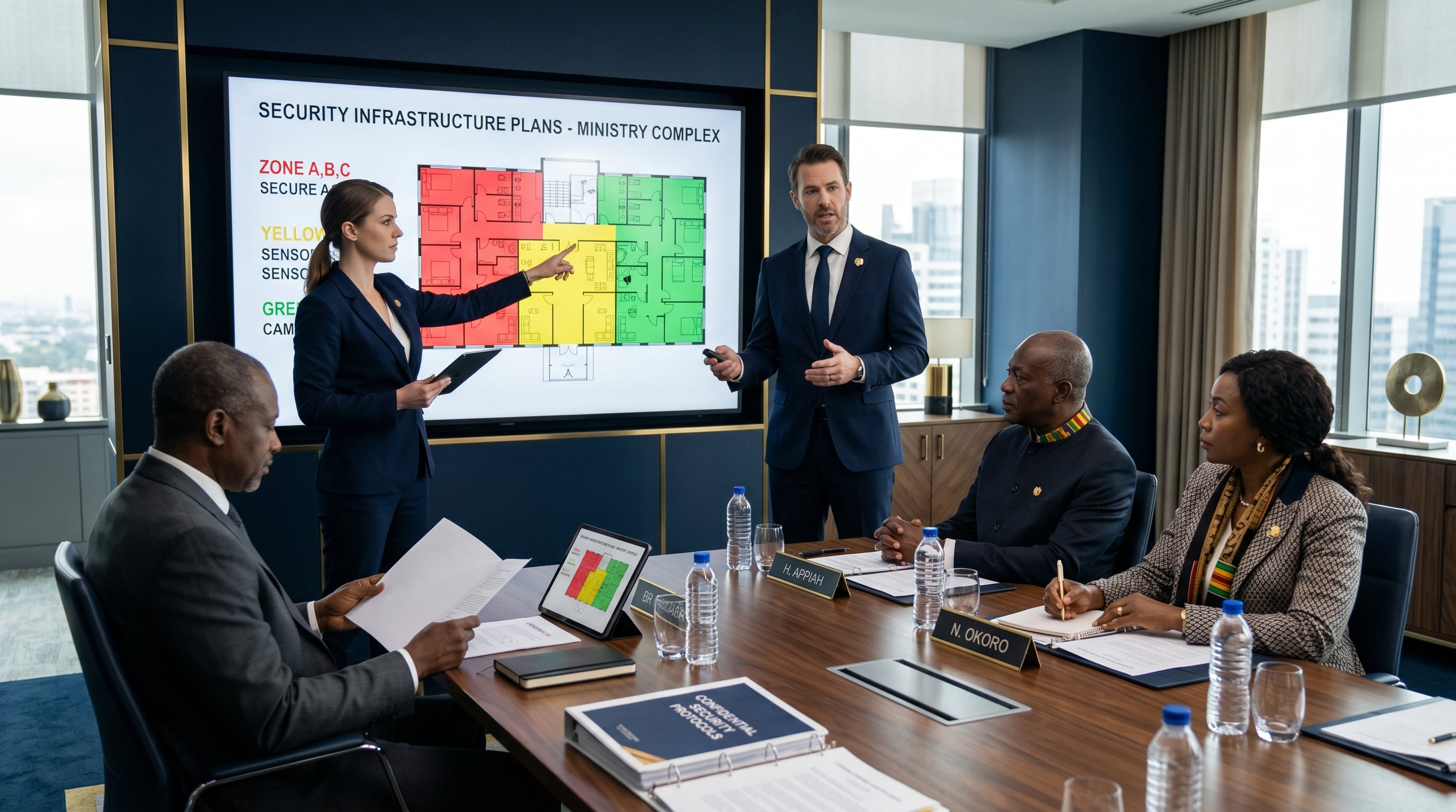 Security consultants presenting project plans to government officials